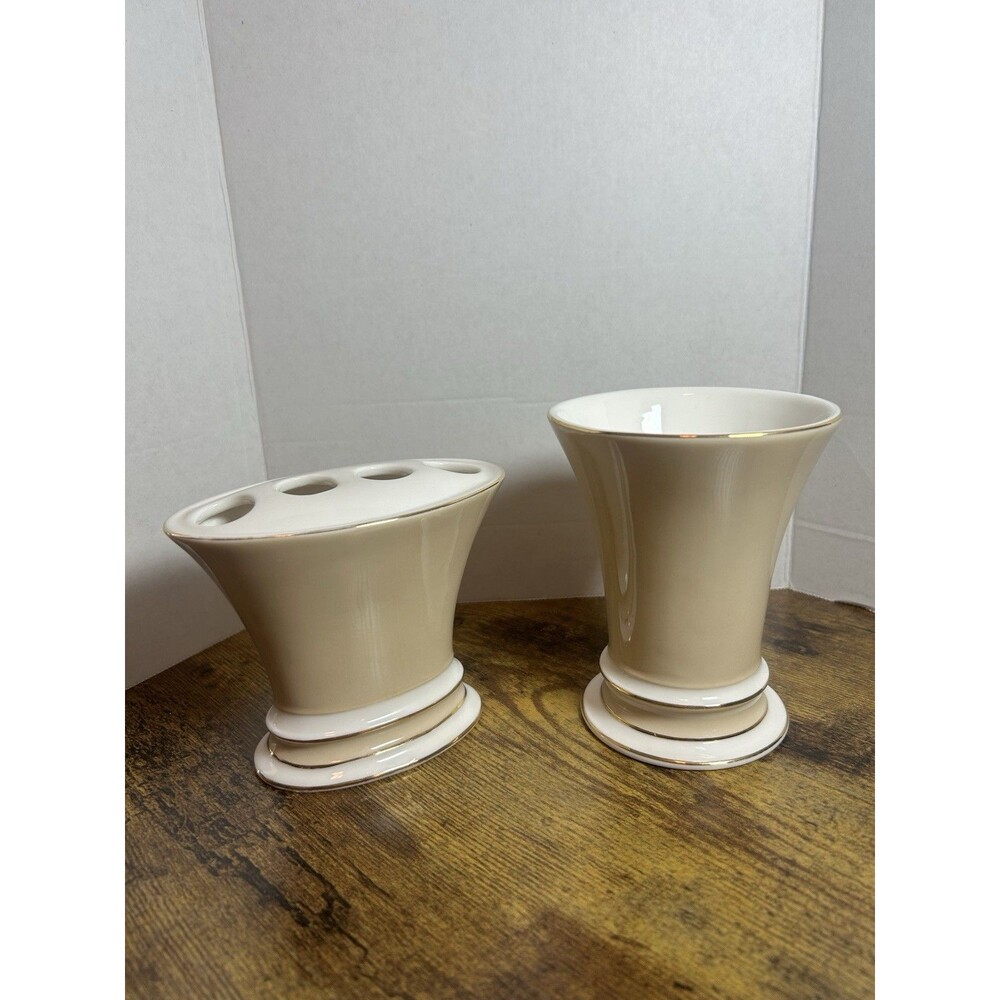 Beige White Gold Trim Ceramic Bath Set Toothbrush Holder Cup Soap Holder Decor - Picture 8 of 16